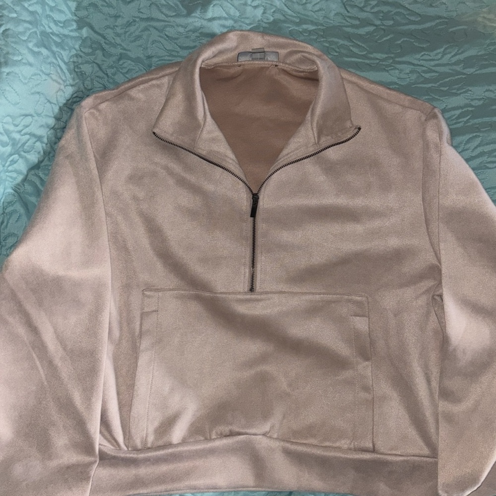 T Tahari faux suede collared, 3/4 zip sweatshirt